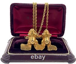 Alva Museum Replicas Vintage Pendant Necklace Gold Brass Two Frogs Chain Signed