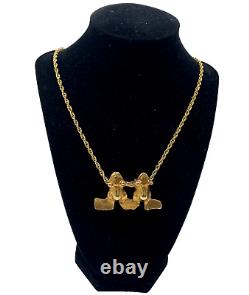 Alva Museum Replicas Vintage Pendant Necklace Gold Brass Two Frogs Chain Signed