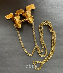 Alva Museum Replicas Vintage Pendant Necklace Gold Brass Two Frogs Chain Signed