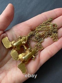 Alva Museum Replicas Vintage Pendant Necklace Gold Brass Two Frogs Chain Signed