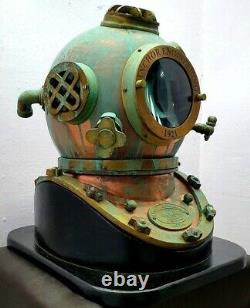 Antique Vintage Anchor Engineer Diving Divers Helmet With Wooden Base Replica
