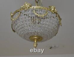 Hand Beaded Antique Replica Basket Crystal Brass Flush Mount Ceiling Chandelie