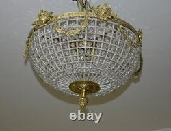 Hand Beaded Antique Replica Basket Crystal Brass Flush Mount Ceiling Chandelie