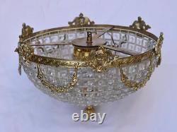 Hand Beaded Antique Replica Basket Crystal Brass Flush Mount Ceiling Chandelie