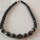 Natural Black Onyx Necklace, Large, 39 Beads, Round, Square Cut, Length 17.5 In