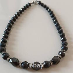 Natural black onyx necklace, large, 39 beads, round, square cut, length 17.5 in