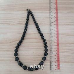Natural black onyx necklace, large, 39 beads, round, square cut, length 17.5 in