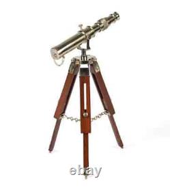 Nautical Brass & Antique Telescope Magnifier Opticals Lens with Wooden Tripod