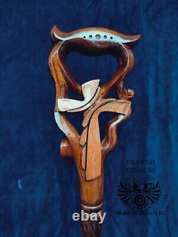 Sacred Craftsmanship Handcrafted Wooden Carved Cane featuring the Christian Cros