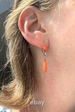 Vintage Antique Orange Coral Dangle Earring 14k Yellow Gold Plated Coral Earring