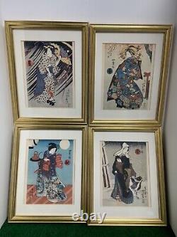 Vintage Reproduction Utagawa Kunisada 4 Seasons Woodblock Prints Framed