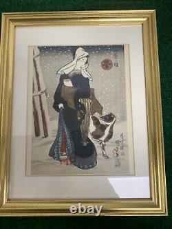 Vintage Reproduction Utagawa Kunisada 4 Seasons Woodblock Prints Framed