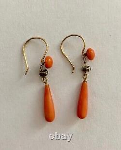 Boucle d'oreille pendante en corail orange antique vintage 14k plaqué or jaune