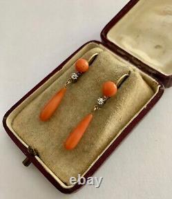 Boucle d'oreille pendante en corail orange antique vintage 14k plaqué or jaune
