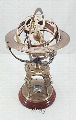 Réplique d'astrolabe antique en laiton avec globe terrestre sur socle en bois - cadeau