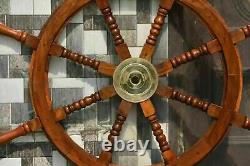 Roue de gouvernail de navire vintage en bois nautique avec incrustation d'anneau en laiton de 36 pouces.