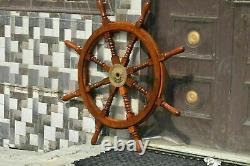 Roue de gouvernail de navire vintage en bois nautique avec incrustation d'anneau en laiton de 36 pouces.