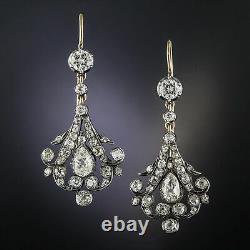 Style de boucles d'oreilles pendantes vintage antique royal en or blanc 14 carats avec diamant simulé de 2,1 carats